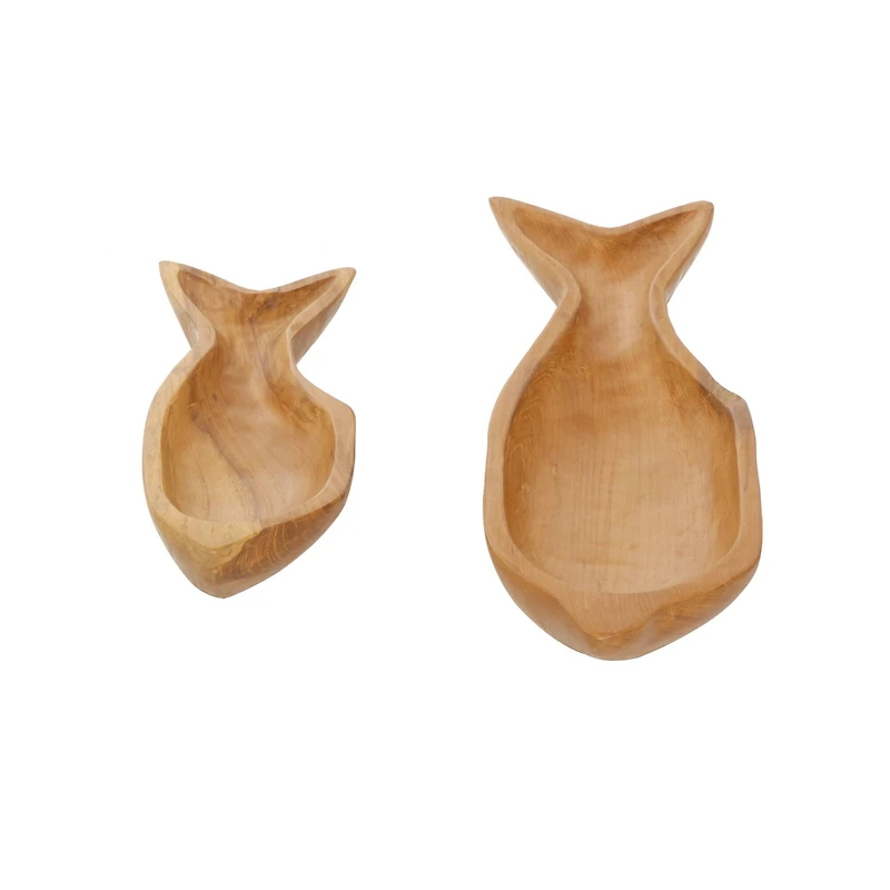 Brown Fish Teak Wood Coastal Style Tray Set