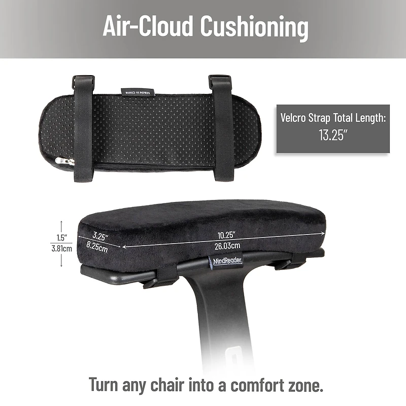 Mind Reader Air-Cloud Memory Foam Armrest Pads, Office & Gaming Chair Arm Rests, Elbow Support with Washable Cover, Black