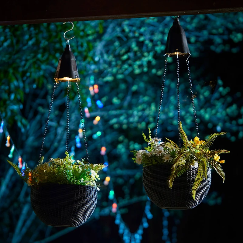 Glitzhome® 30" Black Solar Lighted Hanging Plastic Planters, 2ct.
