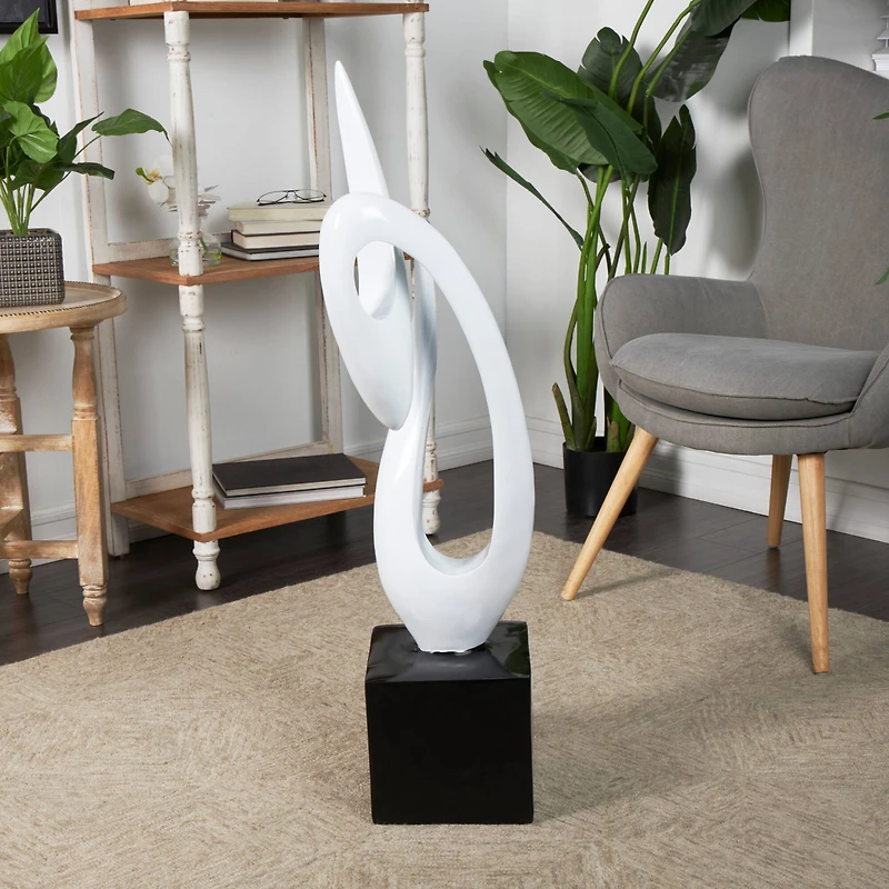 40" White Swirl Abstract Sculpture with Black Base