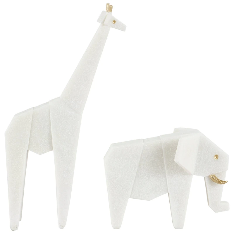 White Polystone Elephant & Giraffe Cubist Inspired Sculpture Set