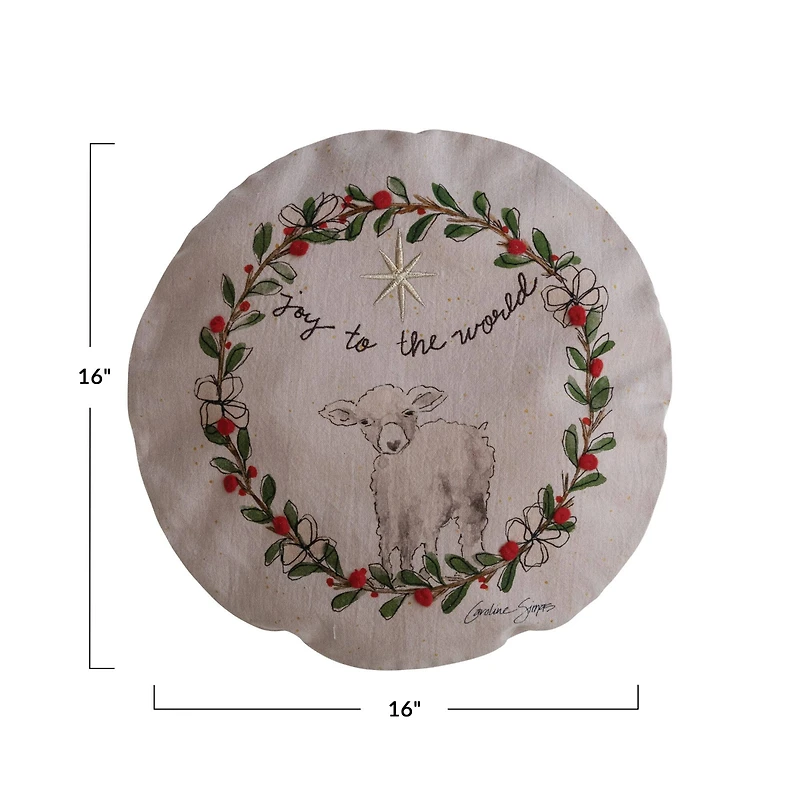 Hello Honey® 16" Joy To The World Round Cotton Chambray Printed Pillow