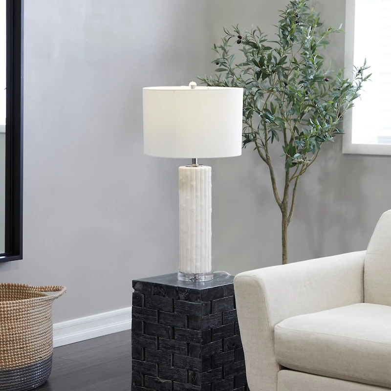 White Ceramic Fluted Base Table Lamp with Drum Shade 15" x 15" x 30"