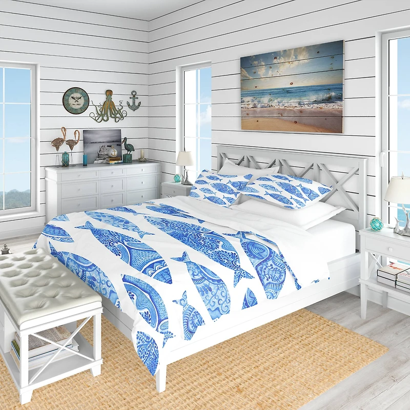 Designart Pattern with Fishes Nautical & Coastal Duvet Cover Set