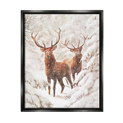 Stupell Industries Elks Snowy Forest Wildlife Black Framed Floater Canvas Wall Art