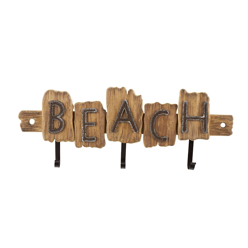 27" x 10" Brown Wood Handmade Live Edge Beach Sign 3 Hanger Wall Hook with Metal Accents
