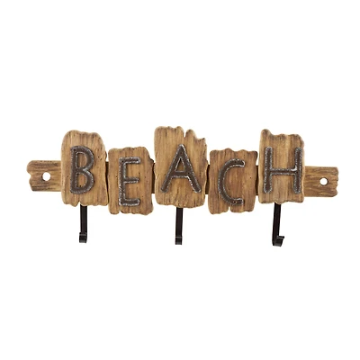 27" x 10" Brown Wood Handmade Live Edge Beach Sign 3 Hanger Wall Hook with Metal Accents