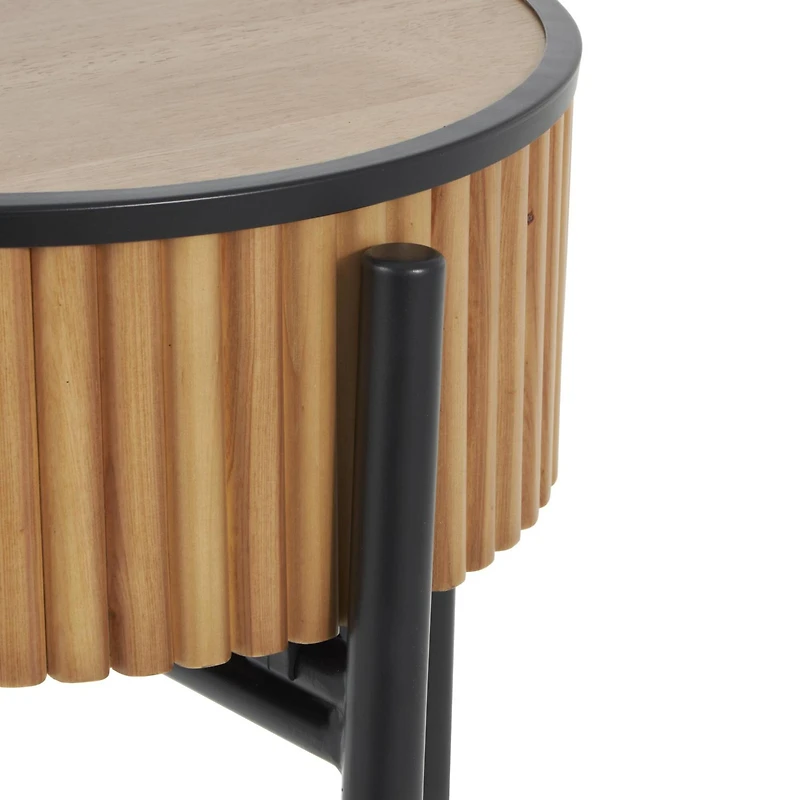 26.5" Brown Wood Handmade Slatted Side End Accent Table with Black Legs