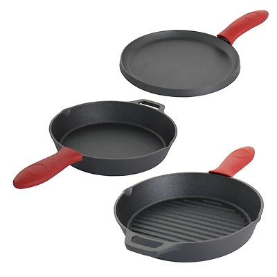 MegaChef Pre-Seasoned Cast Iron 6 Piece Set With Red Silicone Holders