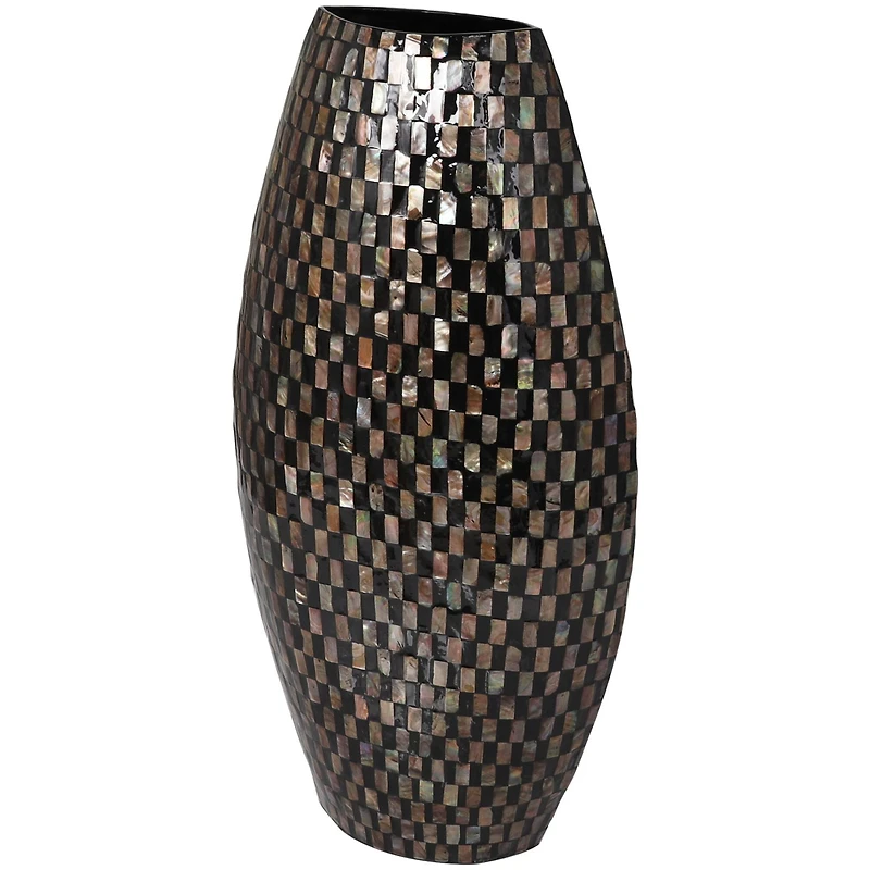 24" Black Mother of Pearl Handmade Geometric Mosaic Inspired Thin Vase