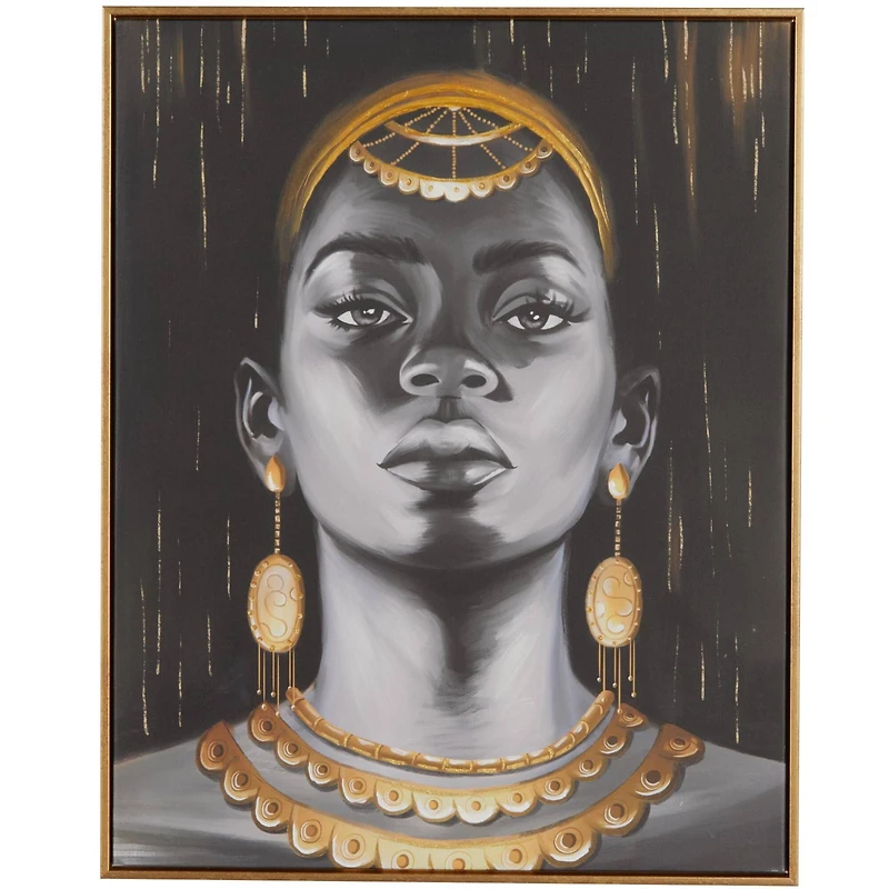 Black Canvas Woman Framed Wall Art with Gold Foil and Jewelry Accents