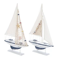 White Wood Coastal Sail Boat Sculpture Set