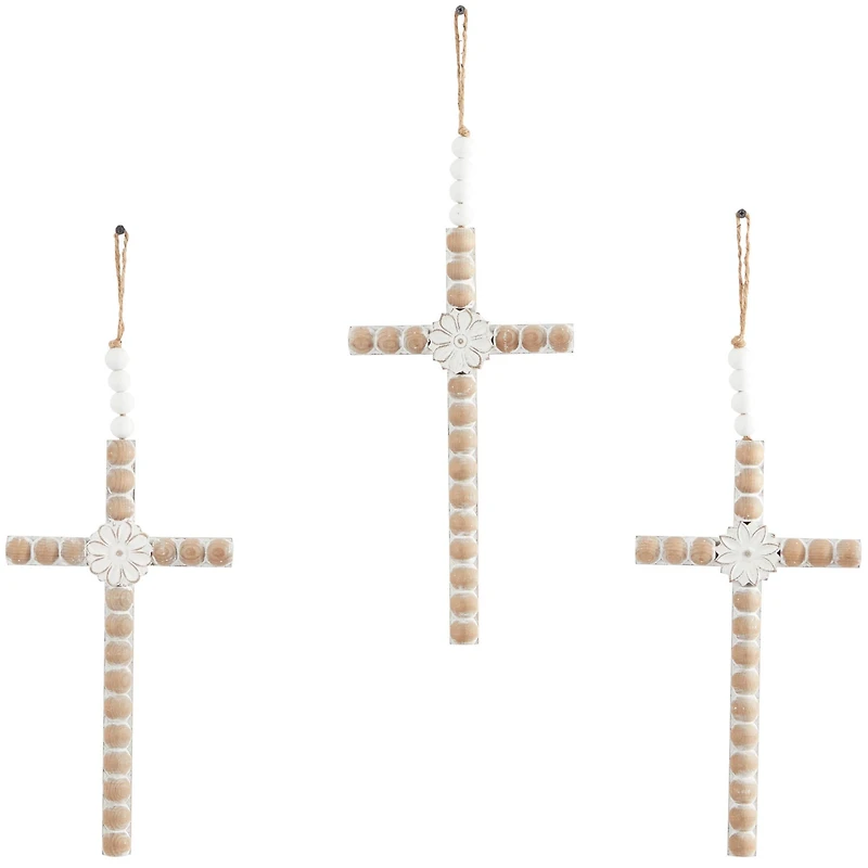 Light Brown Wood Carved Beaded Crosses Biblical Wall Decor with Rope Hanger Set of 3 7", 19"