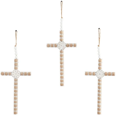 Light Brown Wood Carved Beaded Crosses Biblical Wall Decor with Rope Hanger Set of 3 7", 19"