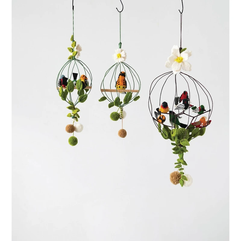 Hello Honey® Wool Felt Flower & Pom Poms Bird Cage Mobile with 3 Birds