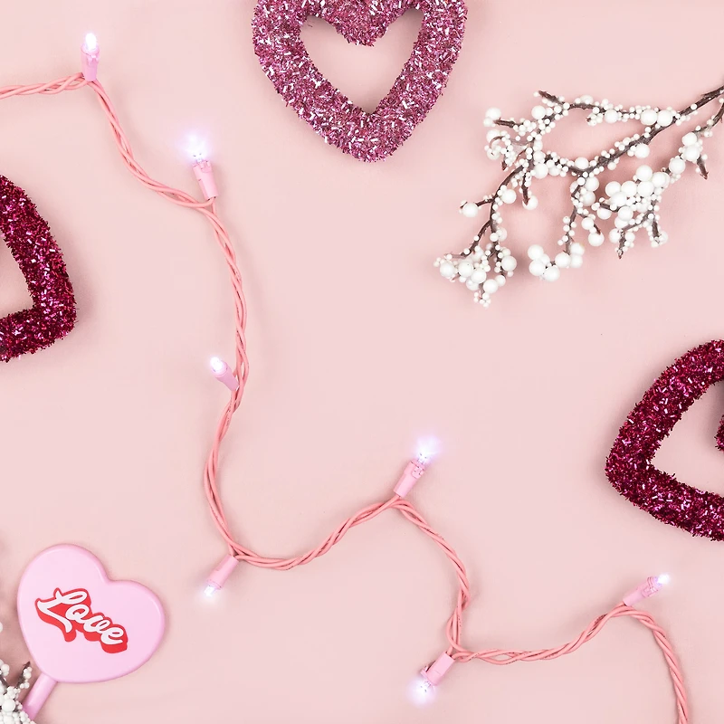 100ct Pure White LED Wide Angle Valentine's Day Lights 33ft Pink Wire