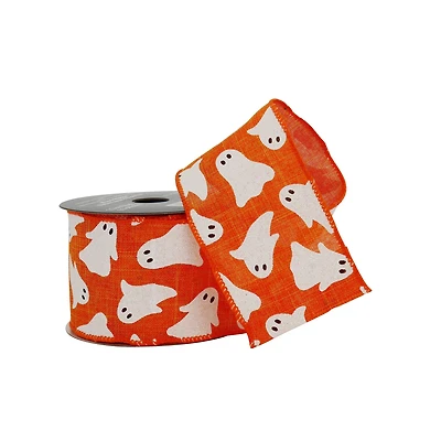 2.5" x 20ft. Orange & White Ghosts Wired Faux Linen Ribbon by Celebrate It® Halloween