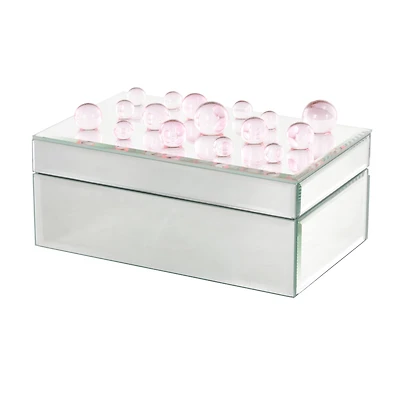 8" x 5" x 4.5" Silver Glass Mirrored Decorative Jewelry Box with Pink Bubble Textured Balls
