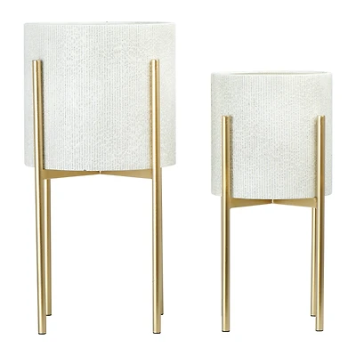 Hello Honey® White & Gold Boho Embossed Metal Planters with Stands Set