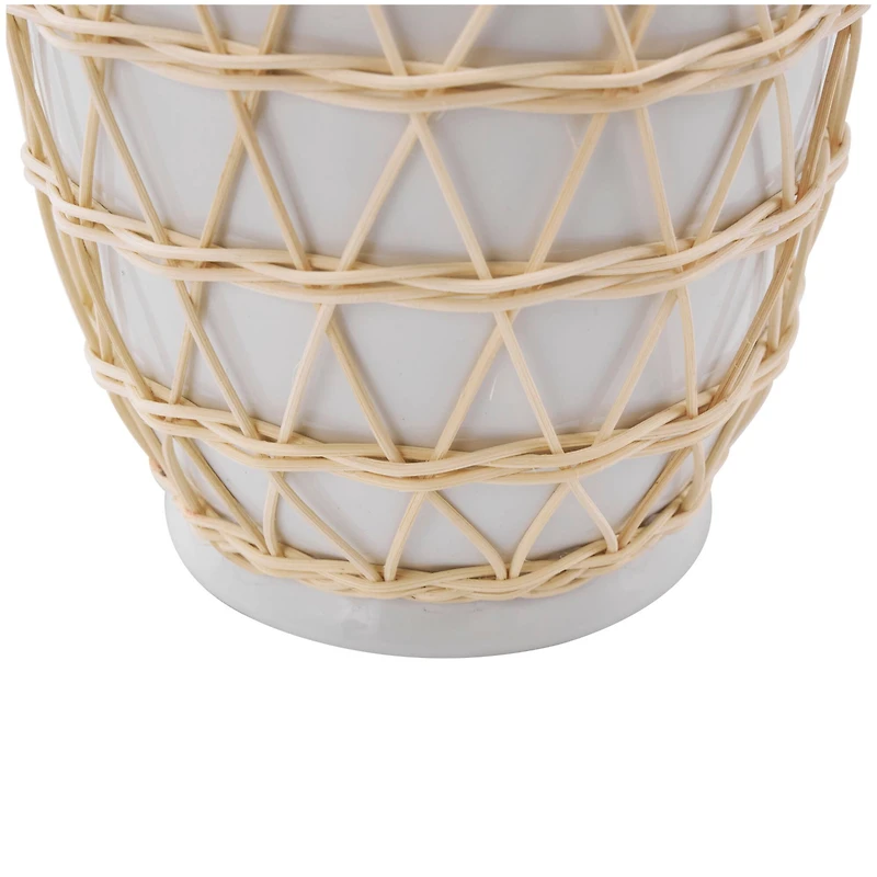 14" White Ceramic Vase with Woven Rattan Exterior