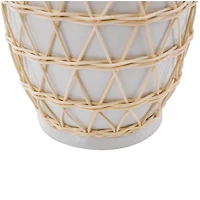 14" White Ceramic Vase with Woven Rattan Exterior