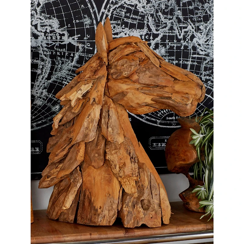24" Brown Teak Wood Horse Sculpture