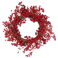 20" Shiny Red Berry Artificial Wreath with Brown Twig Accents, Unlit