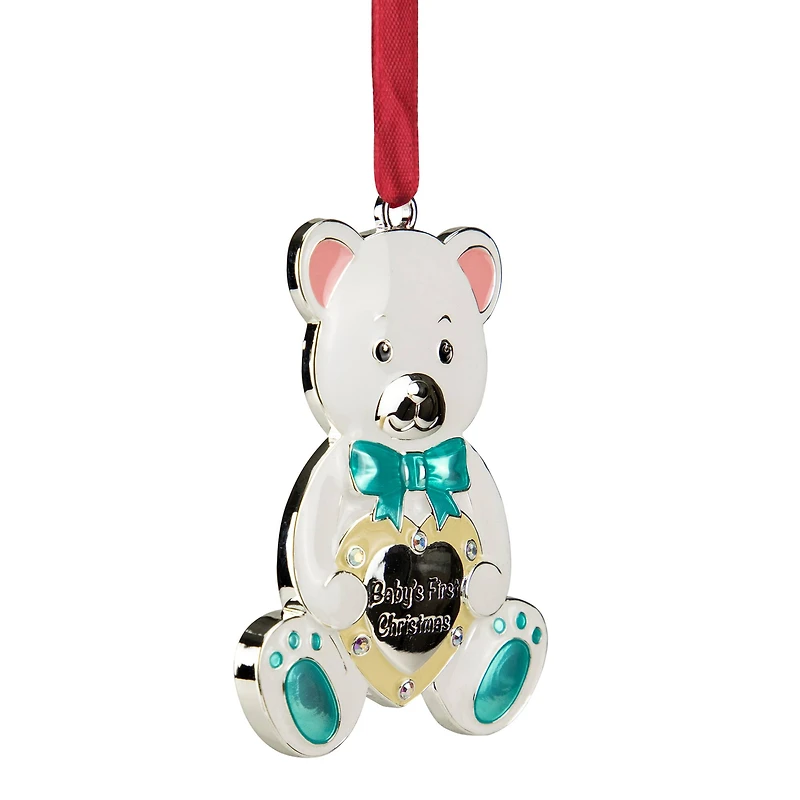 3" Pastel & Silver Plated Bear Baby's First Christmas Ornament with European Crystals