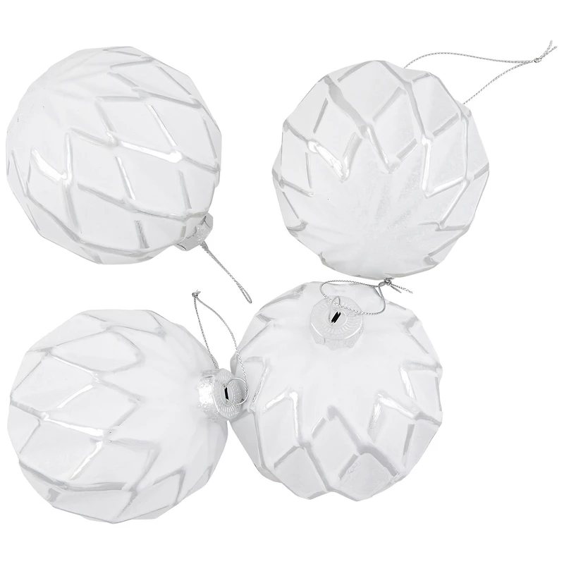 Embossed Diamond Christmas Glass Ball Ornaments - 4" (100mm) - White - 4ct