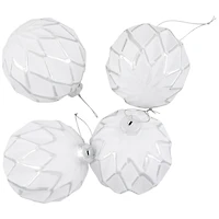 Embossed Diamond Christmas Glass Ball Ornaments - 4" (100mm) - White - 4ct