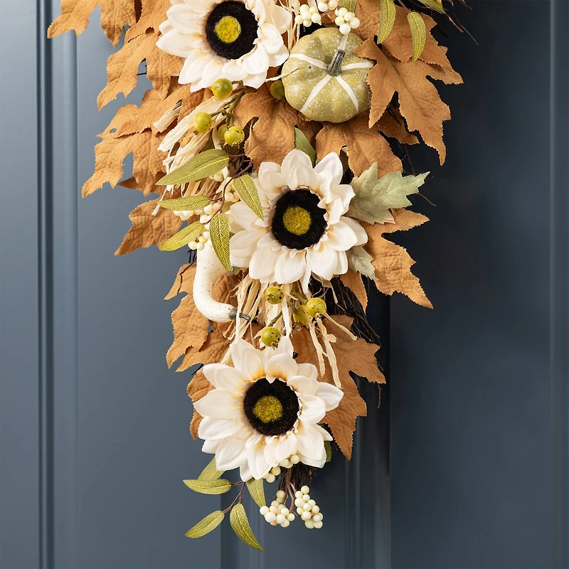 Glitzhome® 28" Fall Neutral Sunflower, Pumpkin and Leaf Swag