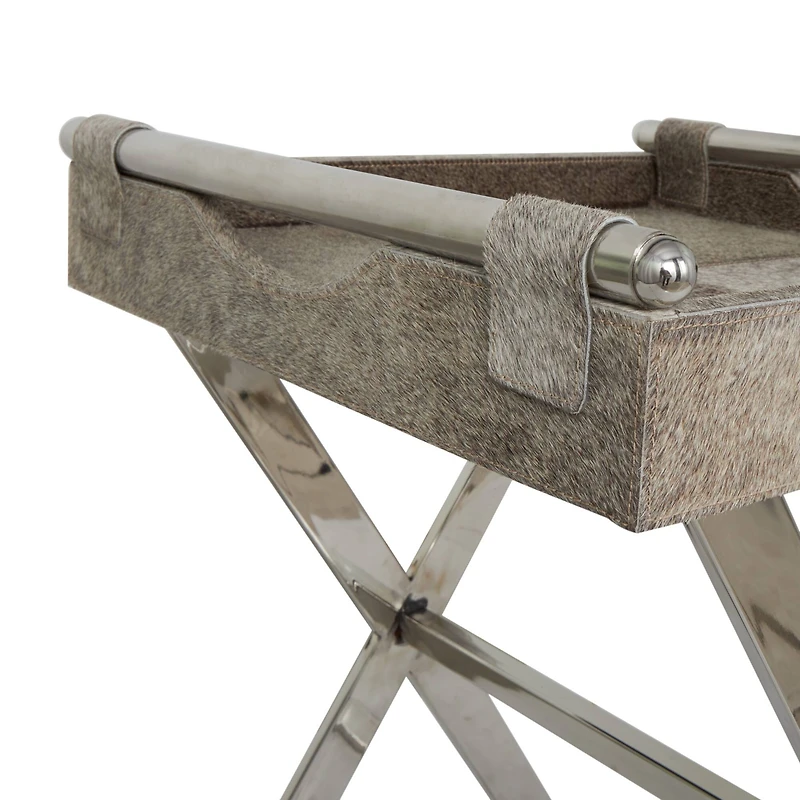 25" Gray Leather Geometric Accent Table with Silver Metal Base