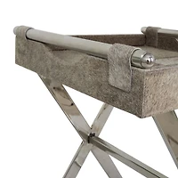 25" Gray Leather Geometric Accent Table with Silver Metal Base