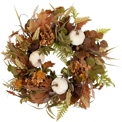 26" White Pumpkins & Leaves Fall Harvest Wreath