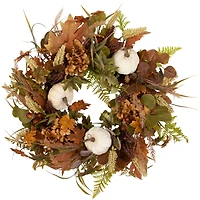 26" White Pumpkins & Leaves Fall Harvest Wreath