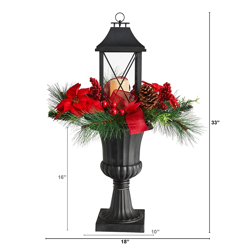 33" Christmas Berries & Poinsettia with Large Lantern & LED Candle in Decorative Urn