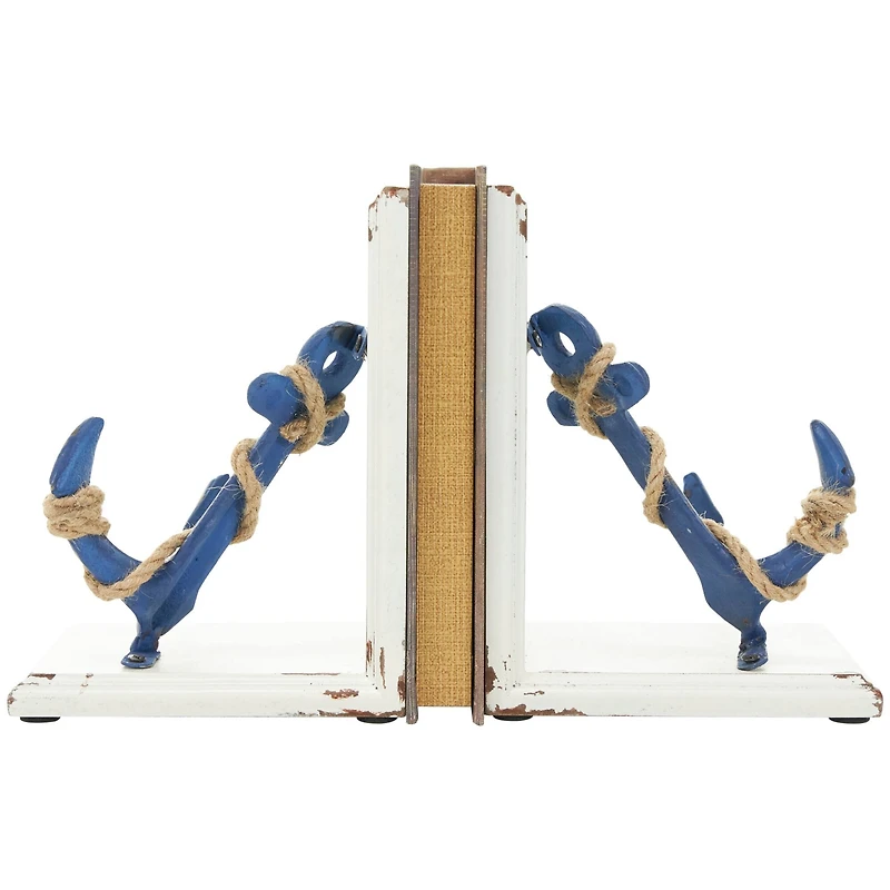 8" Blue Wood Anchor Distressed Bookends with Rope Accents & White Wood Stands Set
