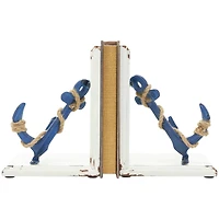 8" Blue Wood Anchor Distressed Bookends with Rope Accents & White Wood Stands Set