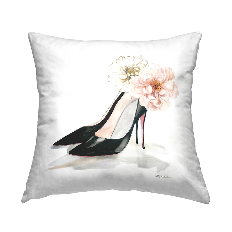 Stupell Industries Pink Floral Black Heels Chic Fashion Shoes Throw Pillow 18" x 18"