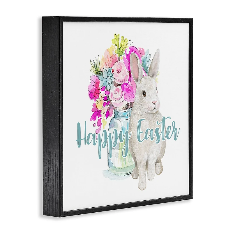 Stupell Industries Happy Easter Calligraphy Bunny Pink Flower Bouquet Framed Giclee Art