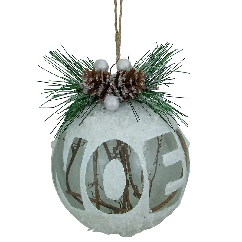 5" White Frosted NOEL with Holly and Berries Christmas Glass Ornament