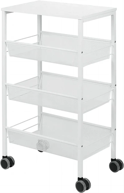 White 3-Tier Kitchen Storage Rolling Utility Cart with Wood Top