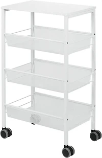 White 3-Tier Kitchen Storage Rolling Utility Cart with Wood Top