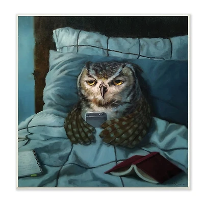 Stupell Industries Night Owl on Phone in Bed Funny Animal, 12" x 12"