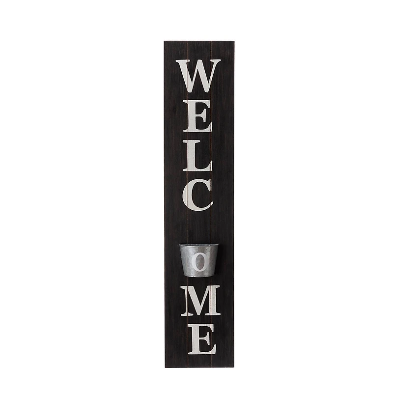 Glitzhome® 42" Wooden Black Welcome Porch Sign with Metal Planter