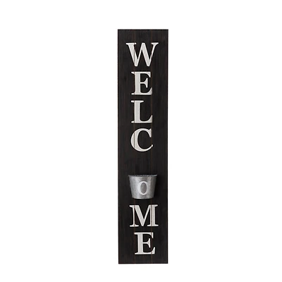 Glitzhome® 42" Wooden Black Welcome Porch Sign with Metal Planter