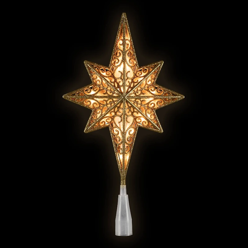 Lighted Frosted Clear and Gold Scroll Star of Bethlehem Christmas Tree Topper - 11" - Clear Lights