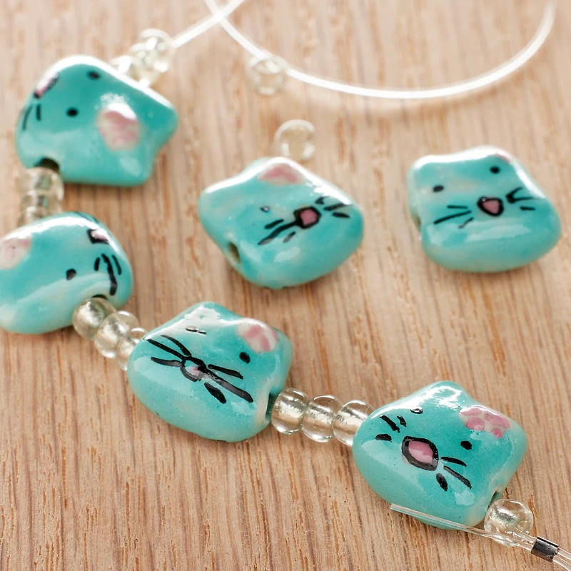 Aqua & Pink Cat Ceramic Beads, 14mm by Bead Landing™