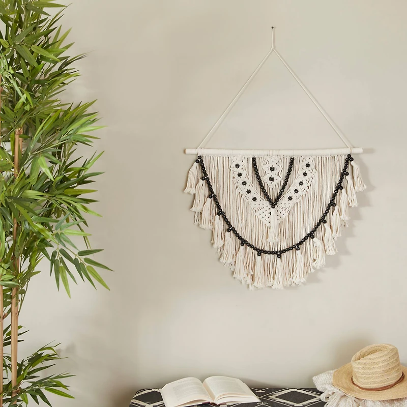 White Cotton Handmade Intricately Weaved Macrame Wall Decor with Beaded Fringe Tassels 28" x 1" x 32"