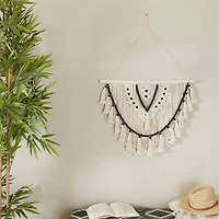 White Cotton Handmade Intricately Weaved Macrame Wall Decor with Beaded Fringe Tassels 28" x 1" x 32"